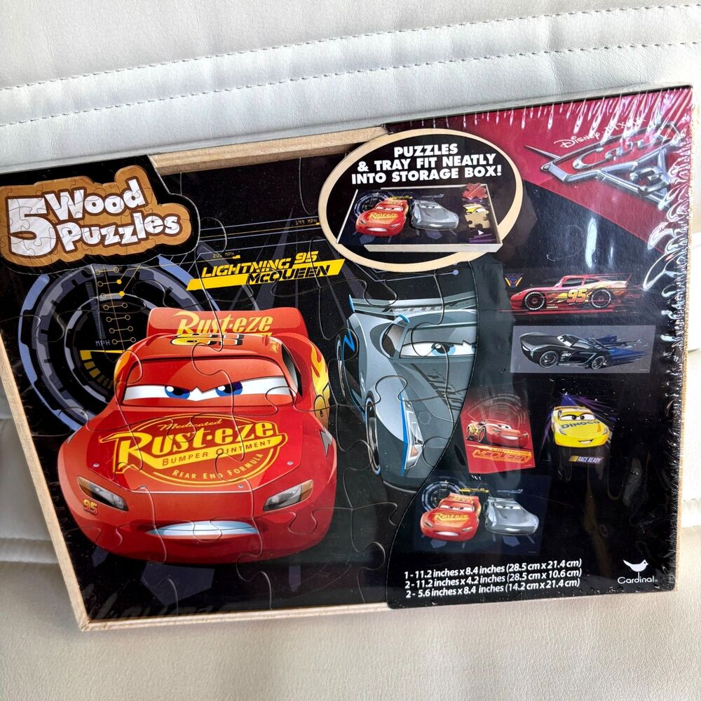 Disney Pixar Cars Wood Puzzles 5 Puzzle Set Storage Tray Lightning McQueen NEW